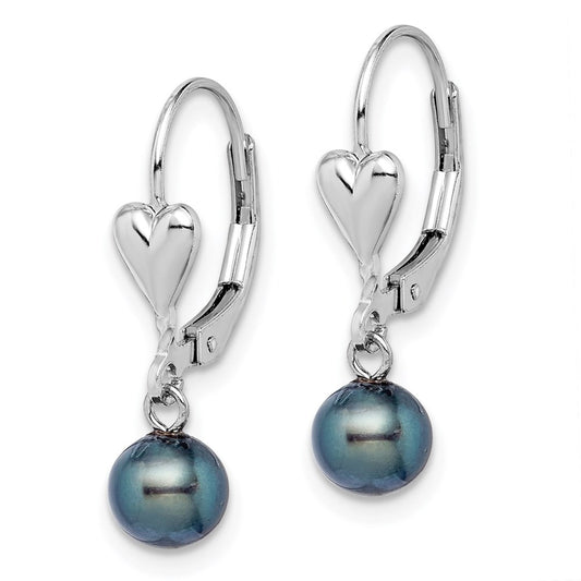 QE7667 Sterling Silver Rhodium-plated 6-7mm Black Round Freshwater Cultured Pearl Heart Leverback Dangle Earrings