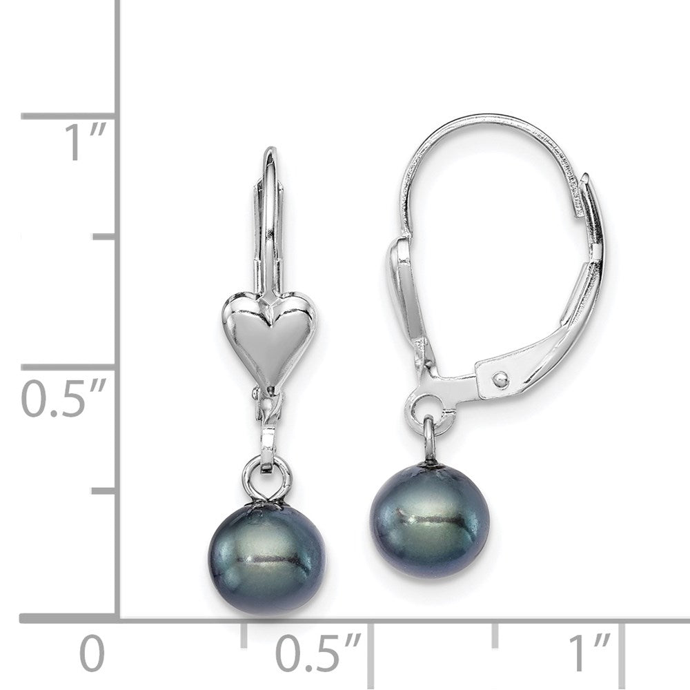 QE7667 Sterling Silver Rhodium-plated 6-7mm Black Round Freshwater Cultured Pearl Heart Leverback Dangle Earrings