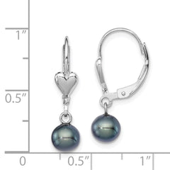 QE7667 Sterling Silver Rhodium-plated 6-7mm Black Round Freshwater Cultured Pearl Heart Leverback Dangle Earrings