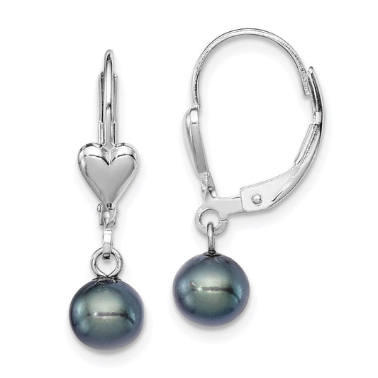 QE7667 Sterling Silver Rhodium-plated 6-7mm Black Round Freshwater Cultured Pearl Heart Leverback Dangle Earrings