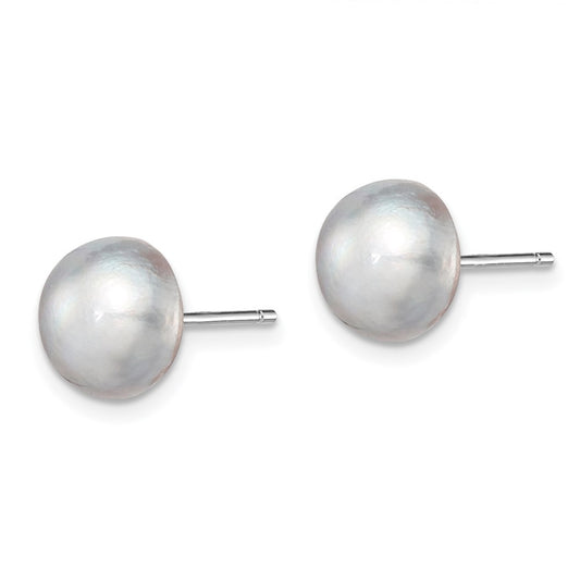 QE7670 Sterling Silver Rhodium-plated 8-9mm Grey Button Freshwater Cultured Pearl Post Earrings