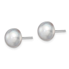 QE7670 Sterling Silver Rhodium-plated 8-9mm Grey Button Freshwater Cultured Pearl Post Earrings