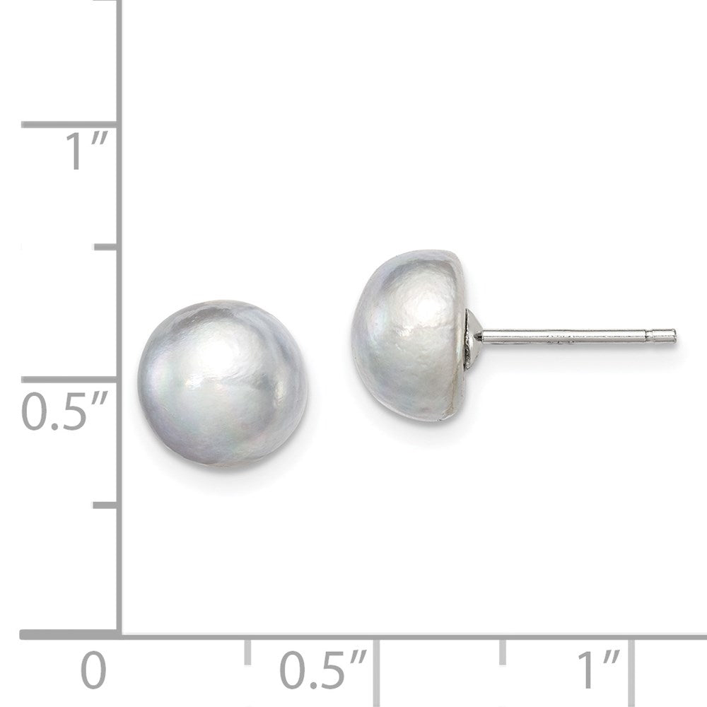 QE7670 Sterling Silver Rhodium-plated 8-9mm Grey Button Freshwater Cultured Pearl Post Earrings
