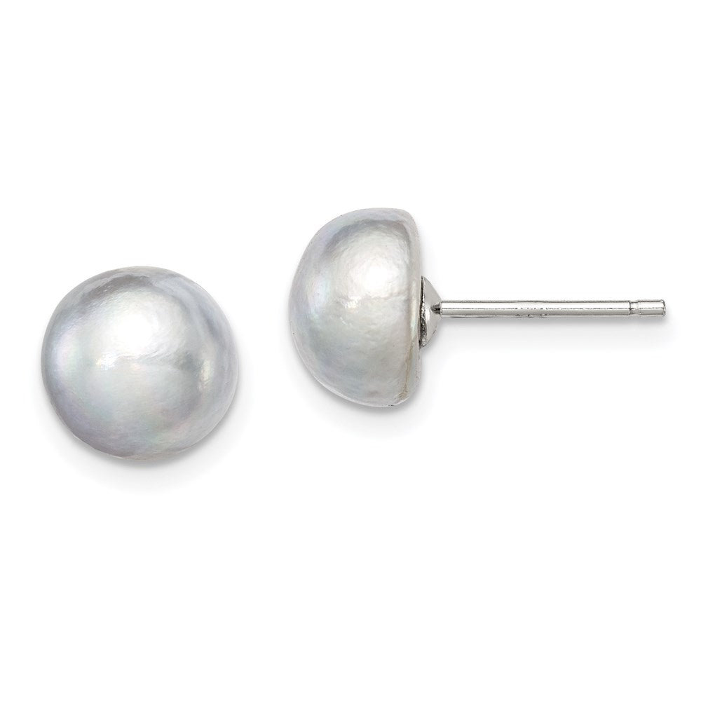 QE7670 Sterling Silver Rhodium-plated 8-9mm Grey Button Freshwater Cultured Pearl Post Earrings