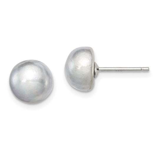 QE7670 Sterling Silver Rhodium-plated 8-9mm Grey Button Freshwater Cultured Pearl Post Earrings
