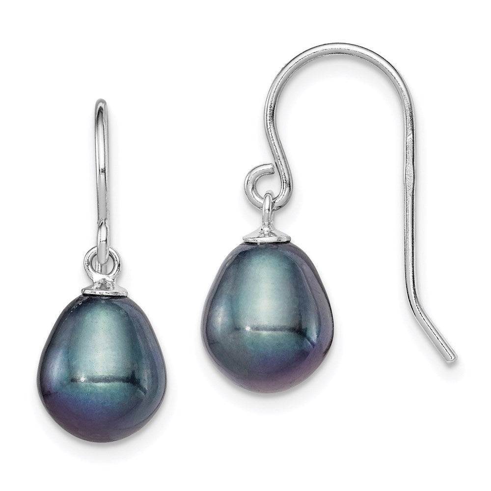 QE7672 Sterling Silver Rhodium-plated 8-9mm Black Rice Freshwater Cultured Pearl Dangle Earrings
