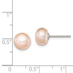 QE7676 Sterling Silver Rhodium-plated 8-9mm Pink Button Freshwater Cultured Pearl Post Earrings