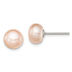 QE7676 Sterling Silver Rhodium-plated 8-9mm Pink Button Freshwater Cultured Pearl Post Earrings