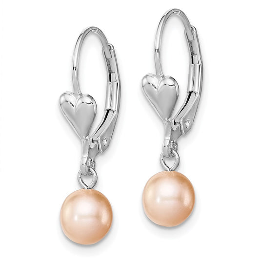 QE7677 Sterling Silver Rhodium-plated 6-7mm Pink Round Freshwater Cultured Pearl Heart Leverback Dangle Earrings