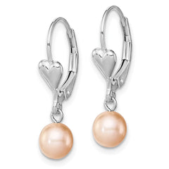 QE7677 Sterling Silver Rhodium-plated 6-7mm Pink Round Freshwater Cultured Pearl Heart Leverback Dangle Earrings