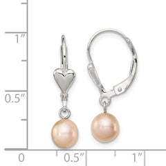 QE7677 Sterling Silver Rhodium-plated 6-7mm Pink Round Freshwater Cultured Pearl Heart Leverback Dangle Earrings