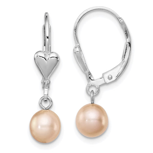 QE7677 Sterling Silver Rhodium-plated 6-7mm Pink Round Freshwater Cultured Pearl Heart Leverback Dangle Earrings