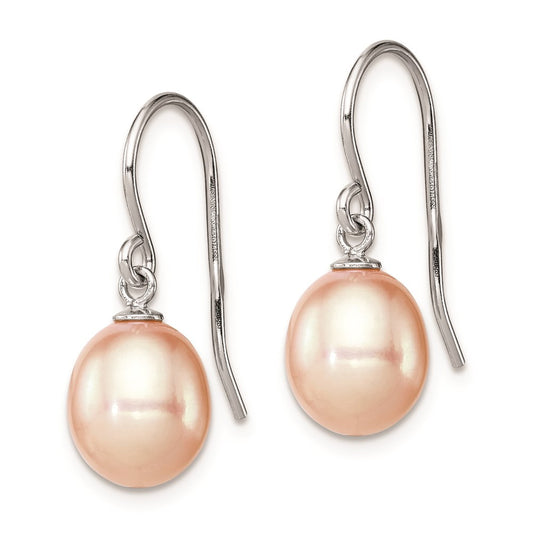 QE7678 Sterling Silver Rhodium-plated 8-9mm Pink Teardrop Freshwater Cultured Pearl Dangle Earrings