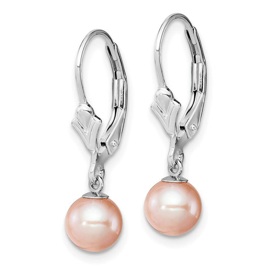 QE7679 Sterling Silver Rhodium-plated 6-7mm Pink Round Freshwater Cultured Pearl Leverback Dangle Earrings