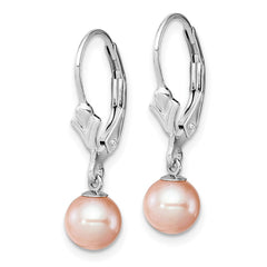 QE7679 Sterling Silver Rhodium-plated 6-7mm Pink Round Freshwater Cultured Pearl Leverback Dangle Earrings