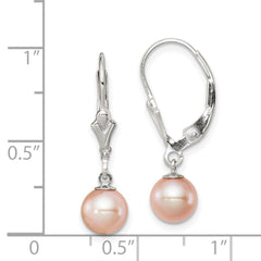 QE7679 Sterling Silver Rhodium-plated 6-7mm Pink Round Freshwater Cultured Pearl Leverback Dangle Earrings