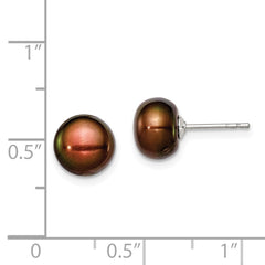 QE7683 Sterling Silver Rhodium-plated 8-9mm Brown Button Freshwater Cultured Pearl Post Earring
