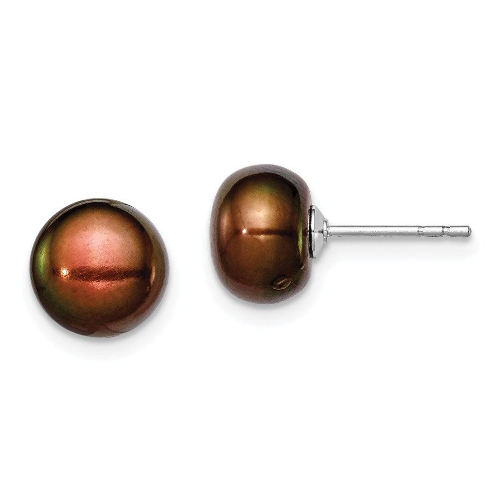 QE7683 Sterling Silver Rhodium-plated 8-9mm Brown Button Freshwater Cultured Pearl Post Earring