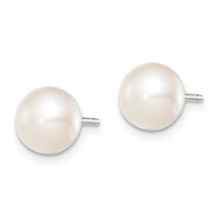 QE7685 Sterling Silver Rhodium-plated 7-8mm White Button Freshwater Cultured Pearl Post Earrings