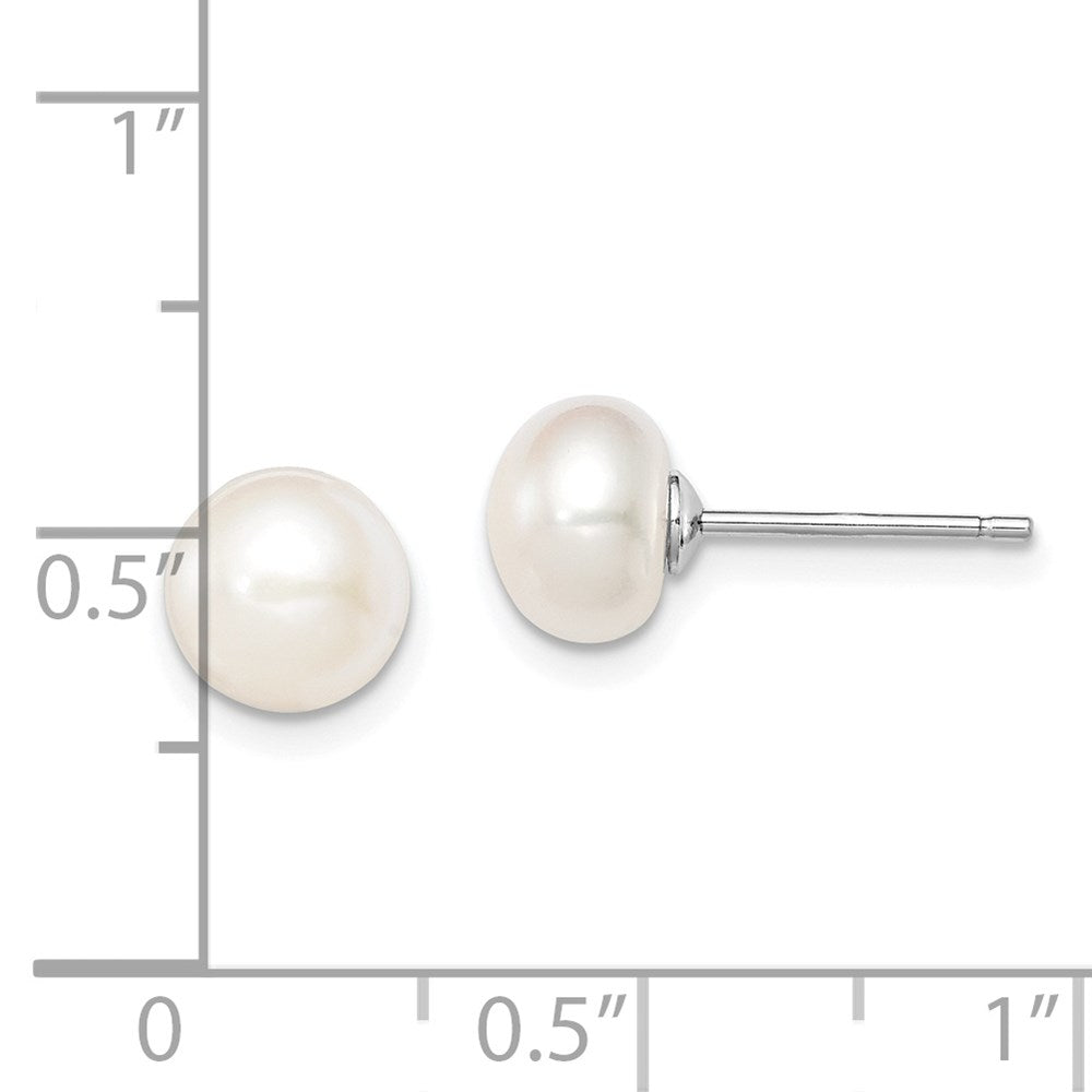 QE7685 Sterling Silver Rhodium-plated 7-8mm White Button Freshwater Cultured Pearl Post Earrings