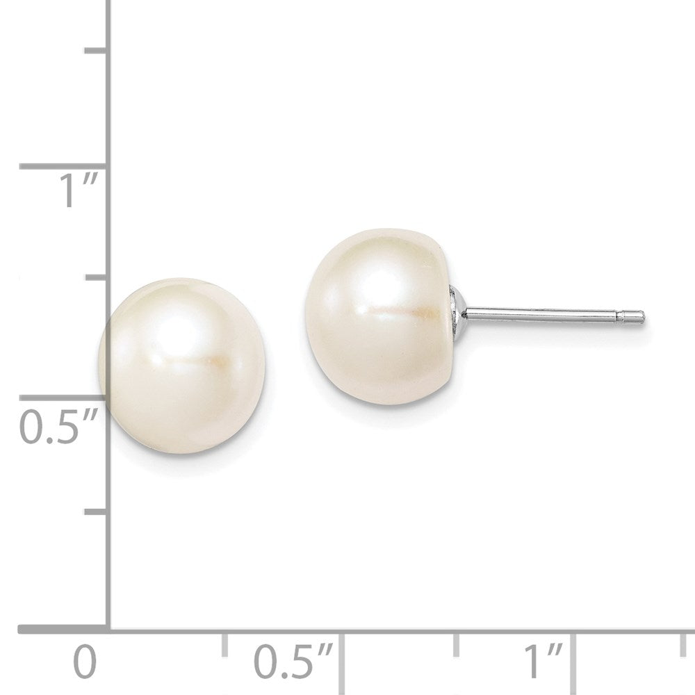 QE7689 Sterling Silver Rhodium-plated 9-10mm White Button Freshwater Cultured Pearl Post Earrings