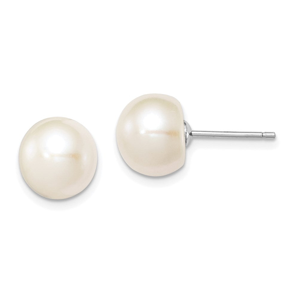 QE7689 Sterling Silver Rhodium-plated 9-10mm White Button Freshwater Cultured Pearl Post Earrings
