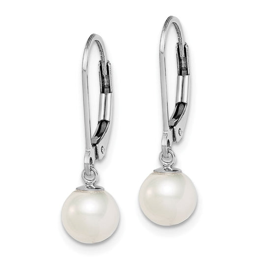 QE7690 Sterling Silver Rhodium-plated 6-7mm White Round Freshwater Cultured Pearl Leverback Dangle Earrings