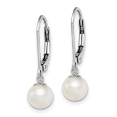 QE7690 Sterling Silver Rhodium-plated 6-7mm White Round Freshwater Cultured Pearl Leverback Dangle Earrings