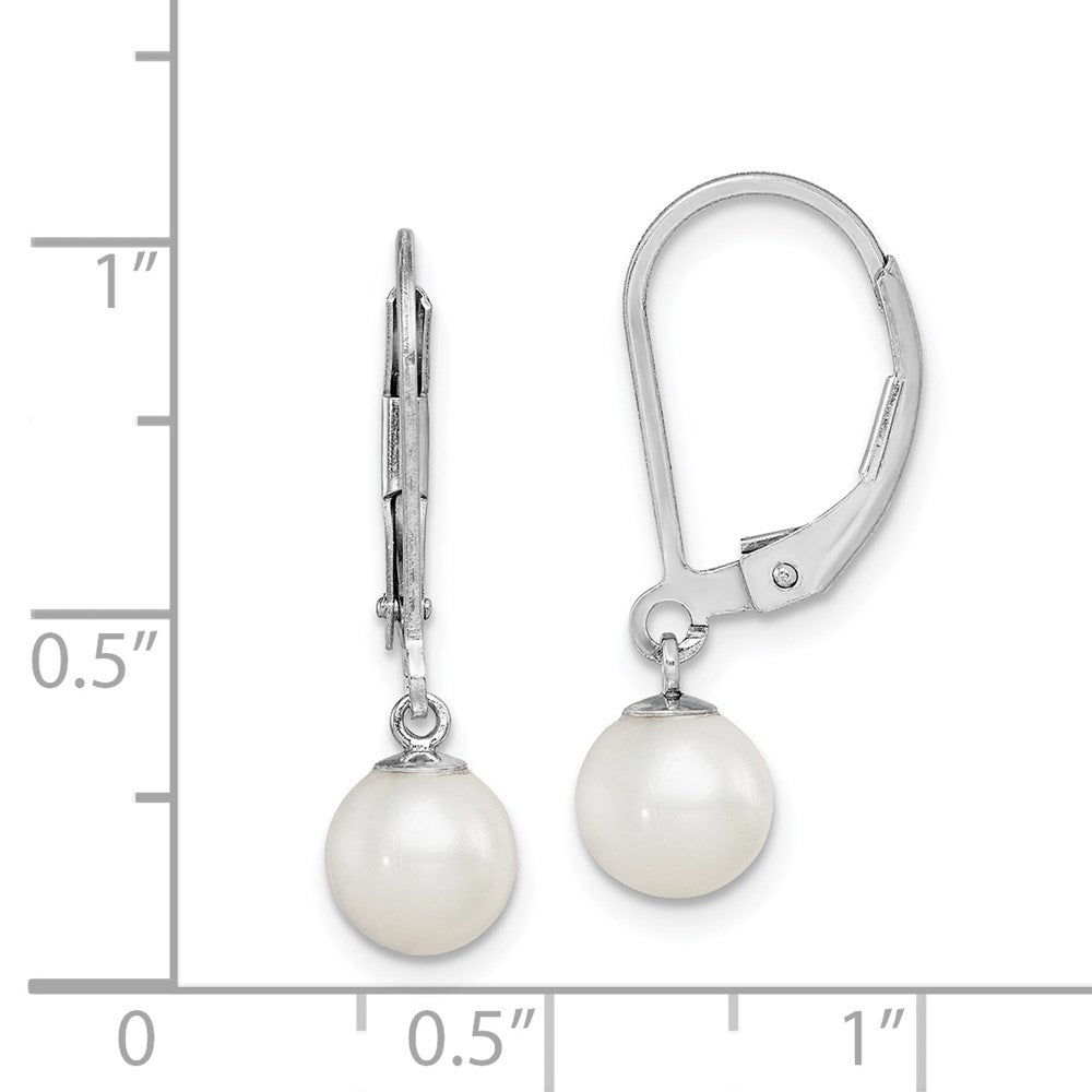 QE7690 Sterling Silver Rhodium-plated 6-7mm White Round Freshwater Cultured Pearl Leverback Dangle Earrings