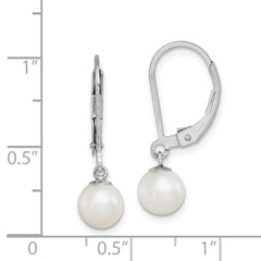 QE7690 Sterling Silver Rhodium-plated 6-7mm White Round Freshwater Cultured Pearl Leverback Dangle Earrings