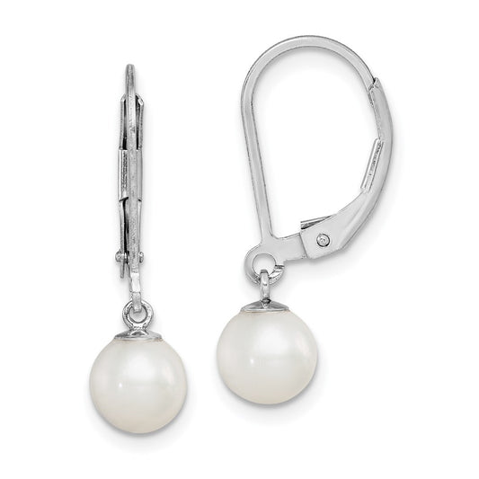 QE7690 Sterling Silver Rhodium-plated 6-7mm White Round Freshwater Cultured Pearl Leverback Dangle Earrings