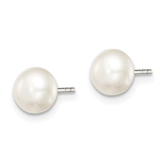 QE7691 Sterling Silver Rhodium-plated 6-7mm White Button Freshwater Cultured Pearl Post Earrings