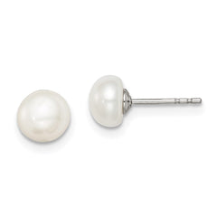 QE7691 Sterling Silver Rhodium-plated 6-7mm White Button Freshwater Cultured Pearl Post Earrings