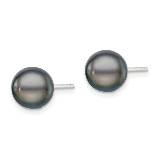 QE7699 Sterling Silver Rhodium-plated 8-9mm Black Button Freshwater Cultured Pearl Post Earrings