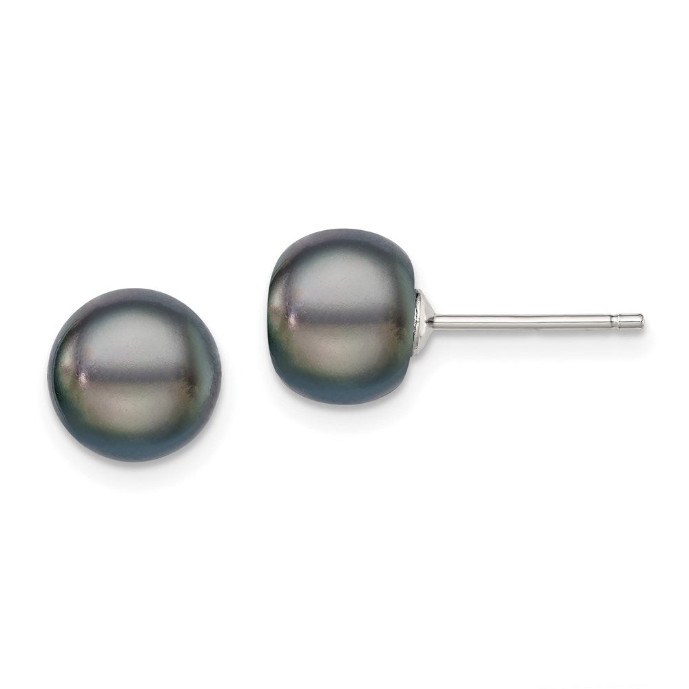 QE7699 Sterling Silver Rhodium-plated 8-9mm Black Button Freshwater Cultured Pearl Post Earrings