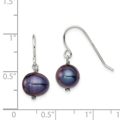 QE7700 Sterling Silver Rhodium-plated Black 7.5-8.5mm Black Semi-Round Freshwater Cultured Pearl Dangle Earrings