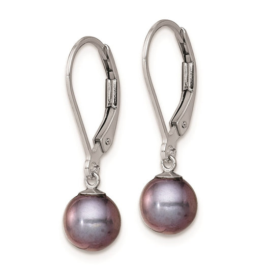 QE7701 Sterling Silver Rhodium-plated 6-7mm Black Round Freshwater Cultured Pearl Leverback Dangle Earrings