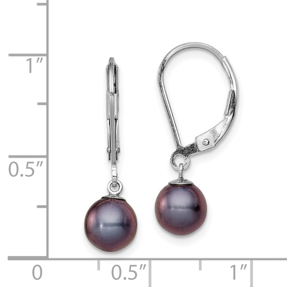 QE7701 Sterling Silver Rhodium-plated 6-7mm Black Round Freshwater Cultured Pearl Leverback Dangle Earrings