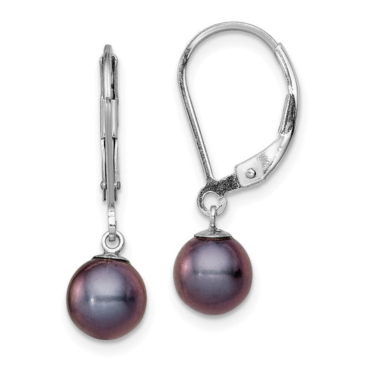 QE7701 Sterling Silver Rhodium-plated 6-7mm Black Round Freshwater Cultured Pearl Leverback Dangle Earrings