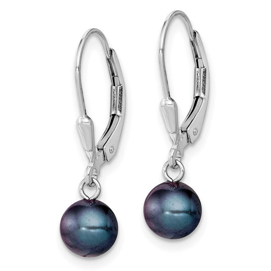 QE7702 Sterling Silver Rhodium-plated 6-7mm Black Round Freshwater Cultured Pearl Leverback Dangle Earrings