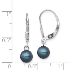 QE7702 Sterling Silver Rhodium-plated 6-7mm Black Round Freshwater Cultured Pearl Leverback Dangle Earrings
