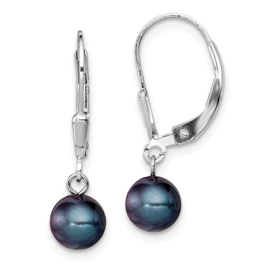 QE7702 Sterling Silver Rhodium-plated 6-7mm Black Round Freshwater Cultured Pearl Leverback Dangle Earrings