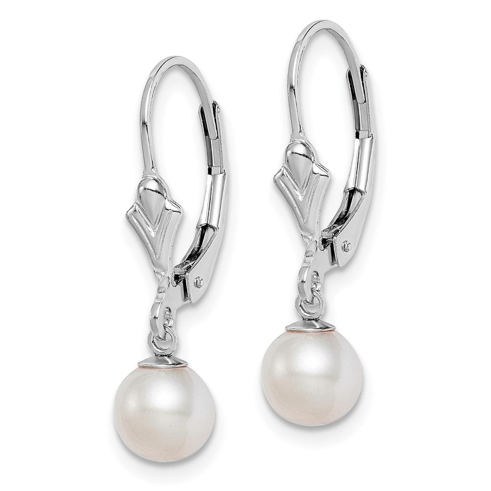 QE7703 Sterling Silver Rhodium-plated 6-7mm White Round Freshwater Cultured Pearl Leverback Dangle Earrings