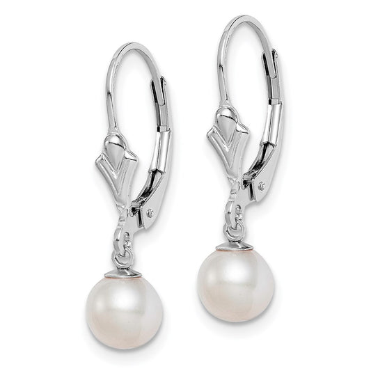 QE7703 Sterling Silver Rhodium-plated 6-7mm White Round Freshwater Cultured Pearl Leverback Dangle Earrings