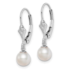 QE7703 Sterling Silver Rhodium-plated 6-7mm White Round Freshwater Cultured Pearl Leverback Dangle Earrings
