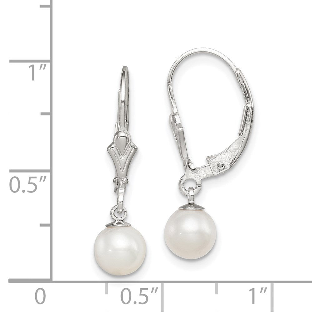 QE7703 Sterling Silver Rhodium-plated 6-7mm White Round Freshwater Cultured Pearl Leverback Dangle Earrings