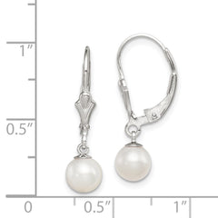 QE7703 Sterling Silver Rhodium-plated 6-7mm White Round Freshwater Cultured Pearl Leverback Dangle Earrings