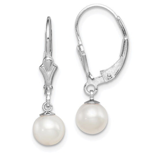 QE7703 Sterling Silver Rhodium-plated 6-7mm White Round Freshwater Cultured Pearl Leverback Dangle Earrings