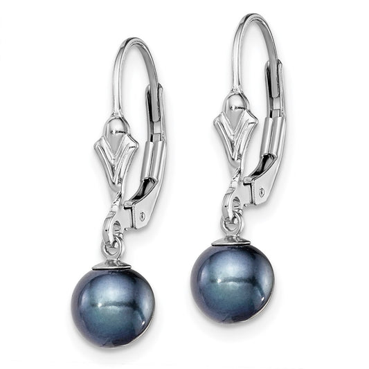 QE7704 Sterling Silver Rhodium-plated 6-7mm Black Round Freshwater Cultured Pearl Leverback Dangle Earrings