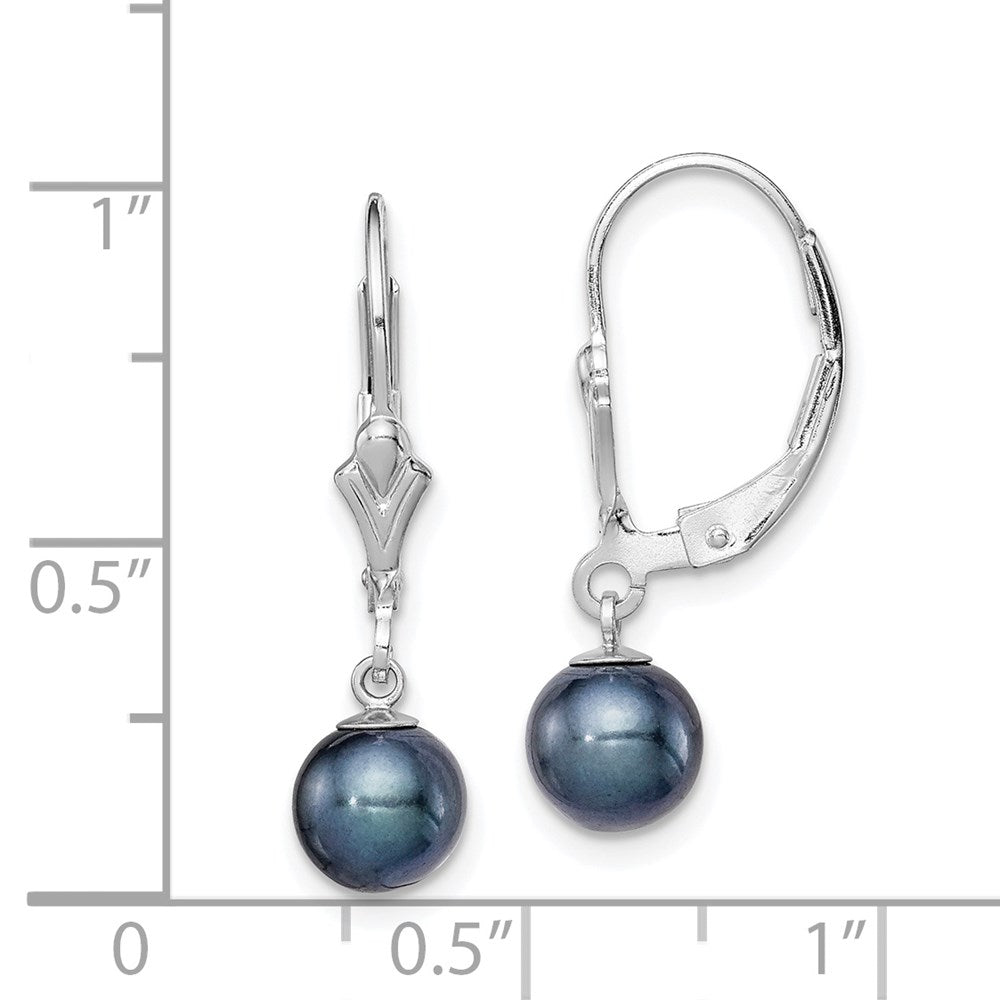 QE7704 Sterling Silver Rhodium-plated 6-7mm Black Round Freshwater Cultured Pearl Leverback Dangle Earrings
